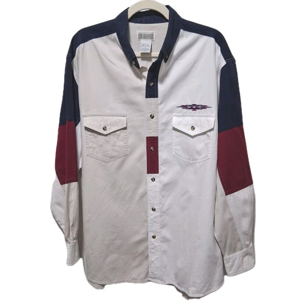 Vintage Express Rider Western Shirt Mens Red Blue Size L Southwestern Cowboy